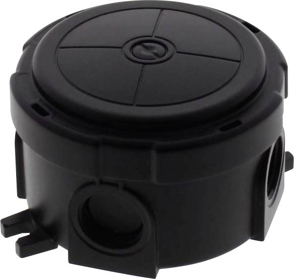 Round black plastic container with openings on the sides, possibly for concealing or protecting cable connections.
