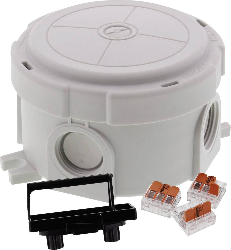Round junction box with multiple lateral openings, including plastic mounting bracket and three transparent cable connectors.