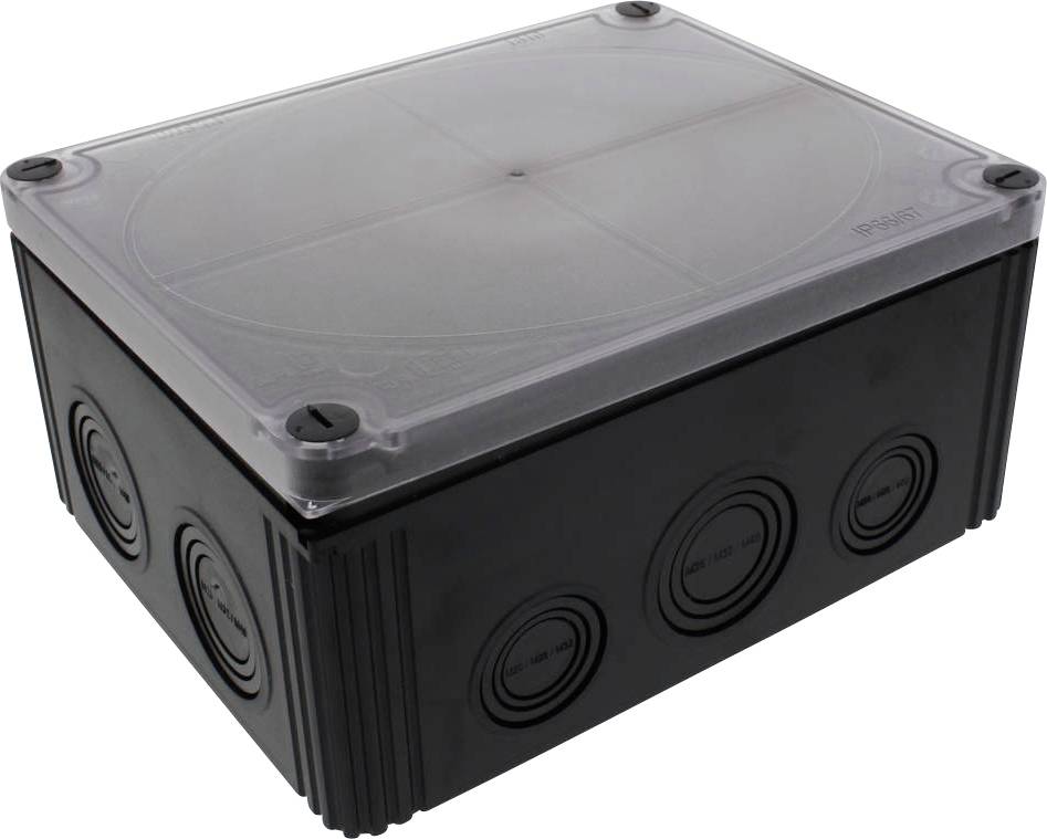 Black plastic junction box with transparent lid and round cable entry points on the sides.
