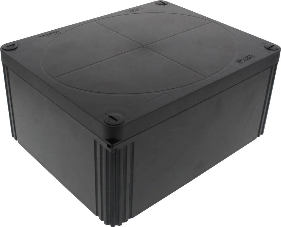 Black plastic box with removable lid, used for protecting electronic or electrical connections.