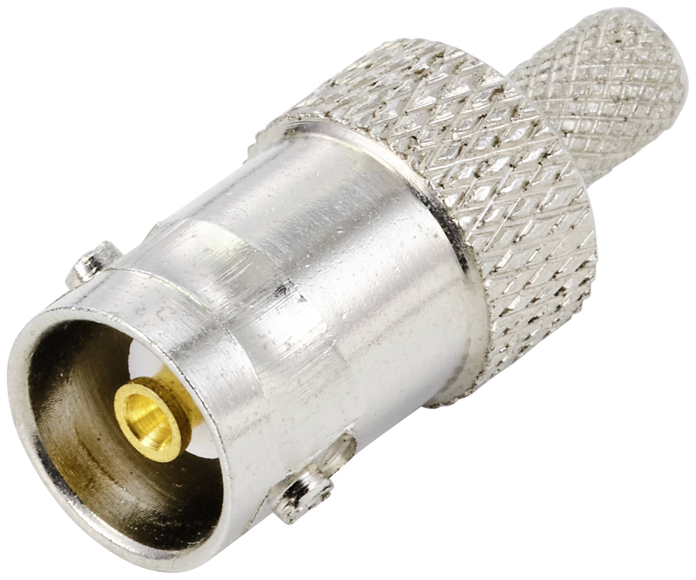 A silver coaxial plug with a knurled grip, central gold contact, and outer threaded connection, for cable connection.