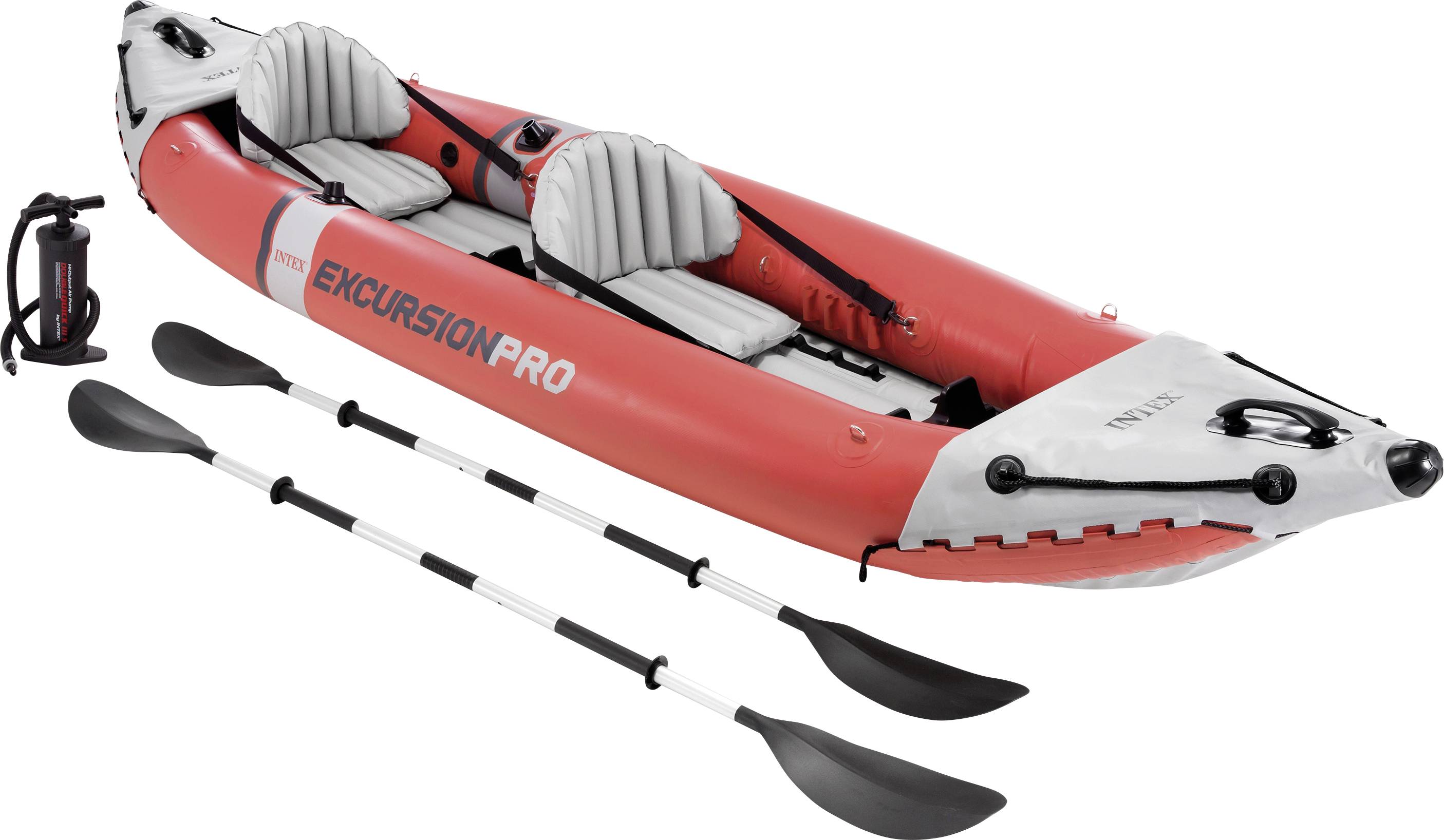 Red inflatable kayak for two people with grey seats and accessories, including paddles and air pump.