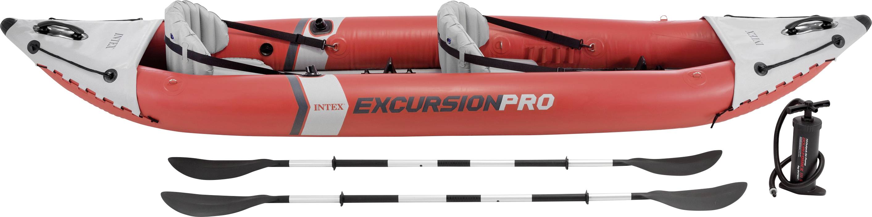 Inflatable red Intex 'Excursion Pro' kayak with two seats, two paddles and an air pump. Suitable for leisure water activities.