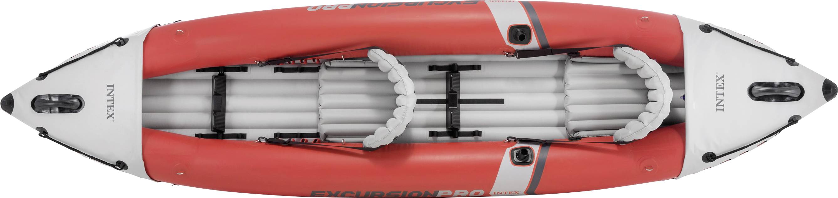 A red inflatable kayak for two people, viewed from above. It has two seats and black carry handles on the sides.