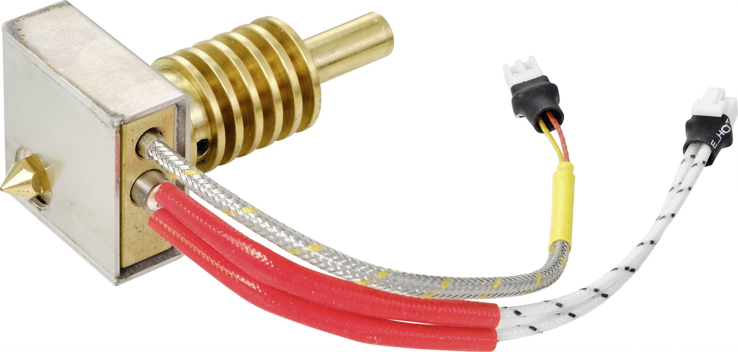 A 3D printer hotend with heating block, heatsink, and wiring. Essential for filament extrusion in 3D printers.