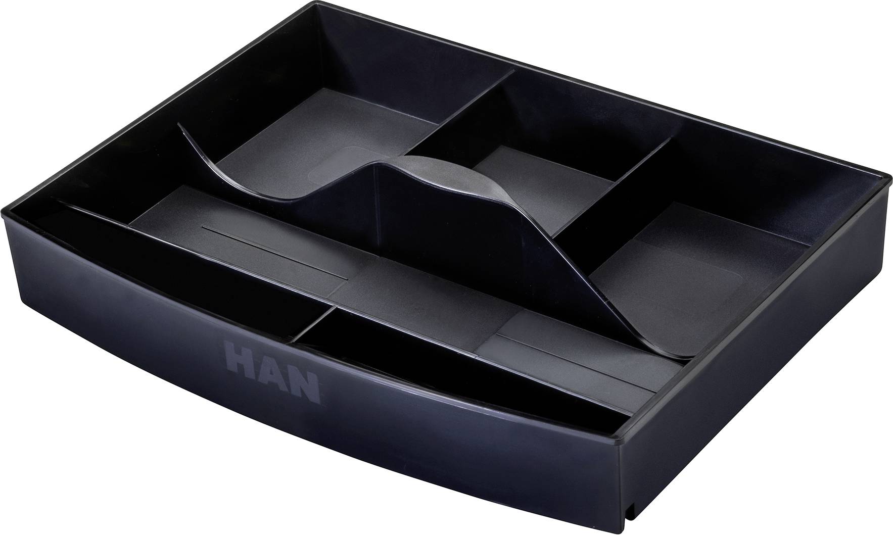 Black desktop organiser tray with multiple compartments for storing office supplies.
