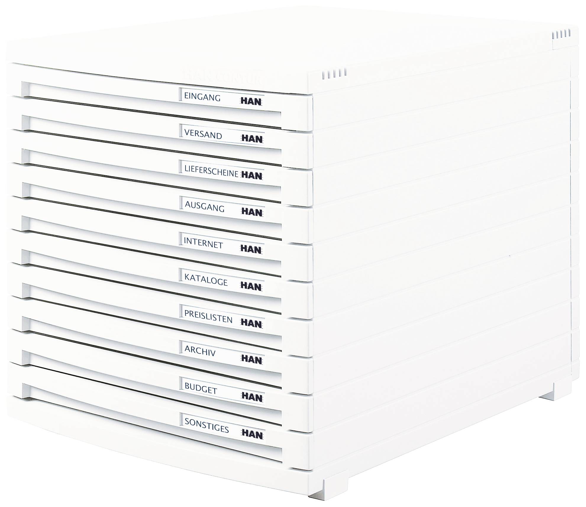 White drawer system with nine labelled compartments: 'Incoming', 'Dispatch', 'Delivery Note', 'Outgoing', 'Internal', 'Catalogues', 'Price Lists', 'Archive', 'Miscellaneous'.