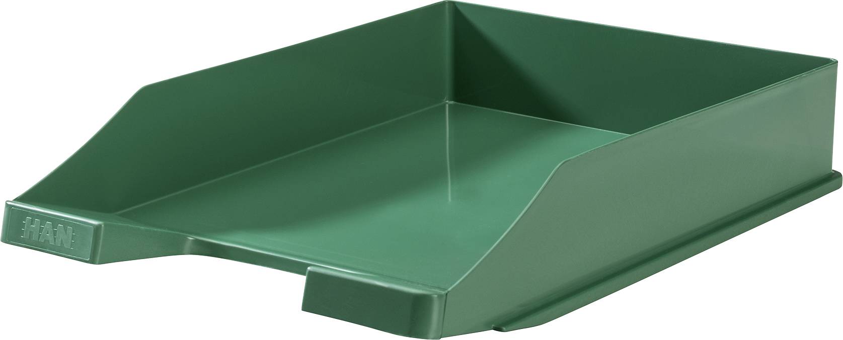 A green plastic document tray used for organising papers on a desk.