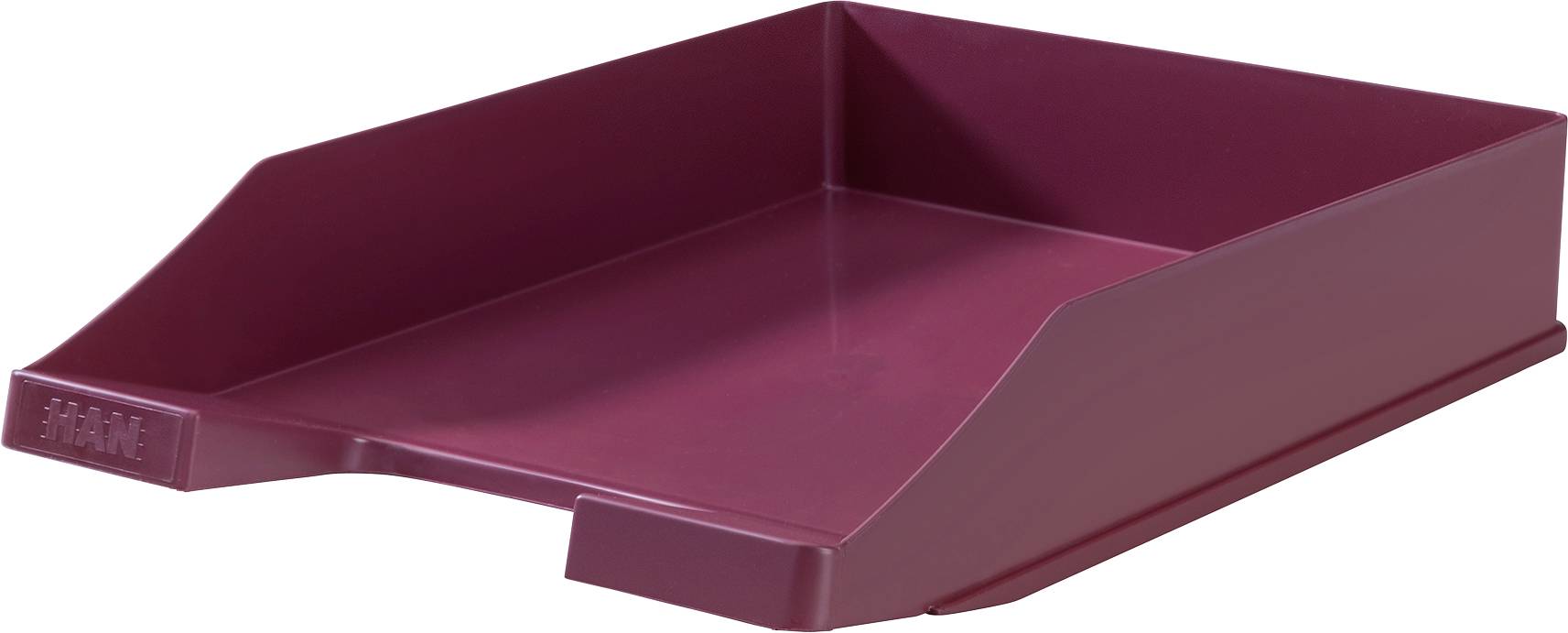 A blank, dark red plastic filing tray, rectangular with low side walls, suitable for organising paper documents.