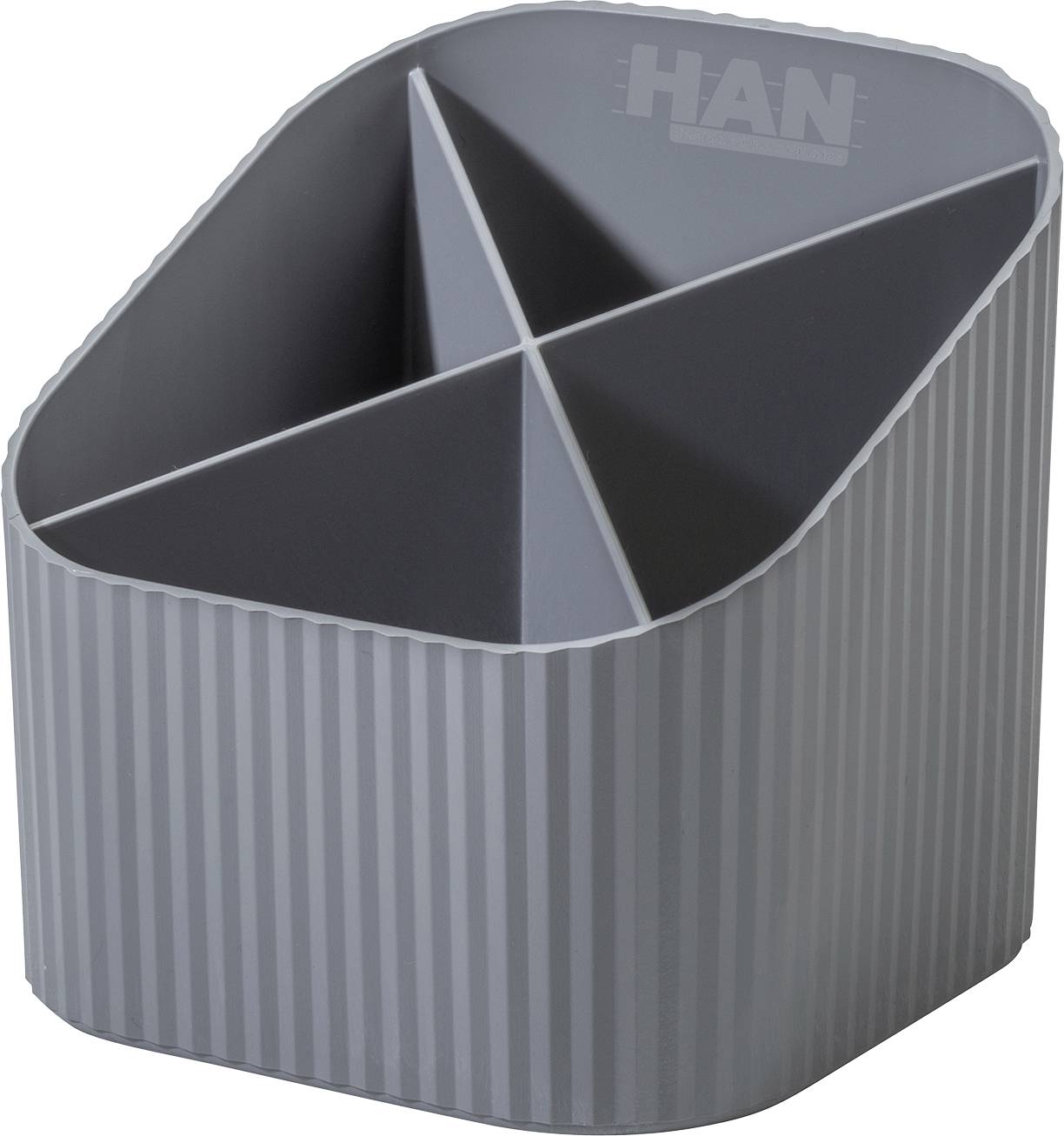 Grey, square pencil holder with a wavy design, divided into four compartments, suitable for organising desk accessories.