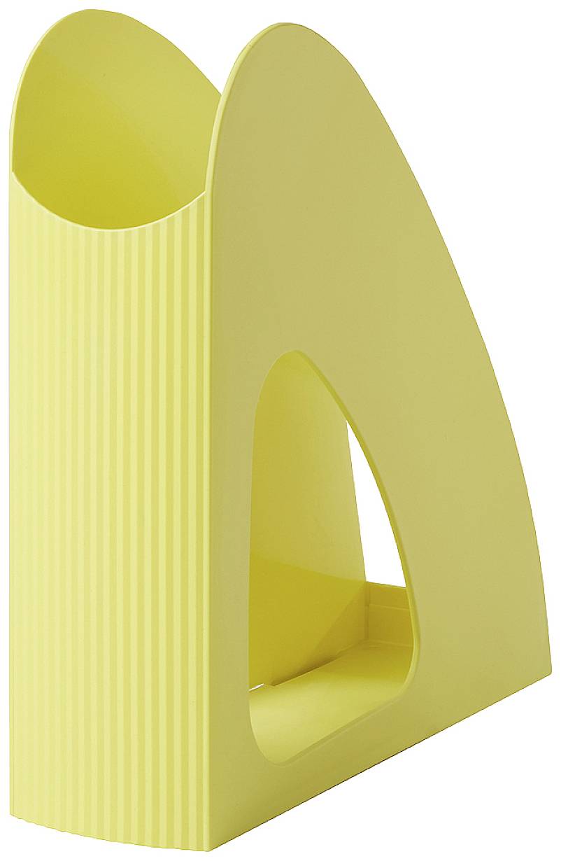 A yellow plastic standing file with a ribbed design.