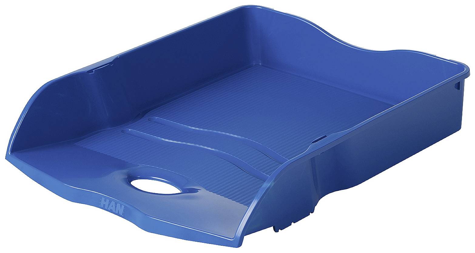Blue plastic letter tray, empty, with rounded edges.