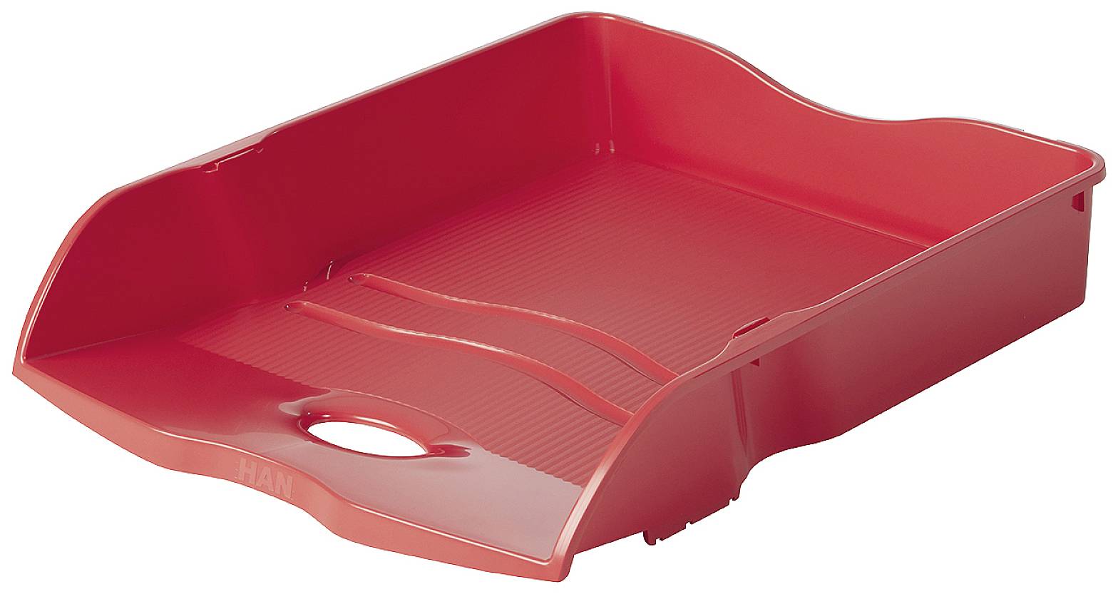 Red plastic filing tray with a flat design and handle opening, suitable for organising documents or letters on the desk.