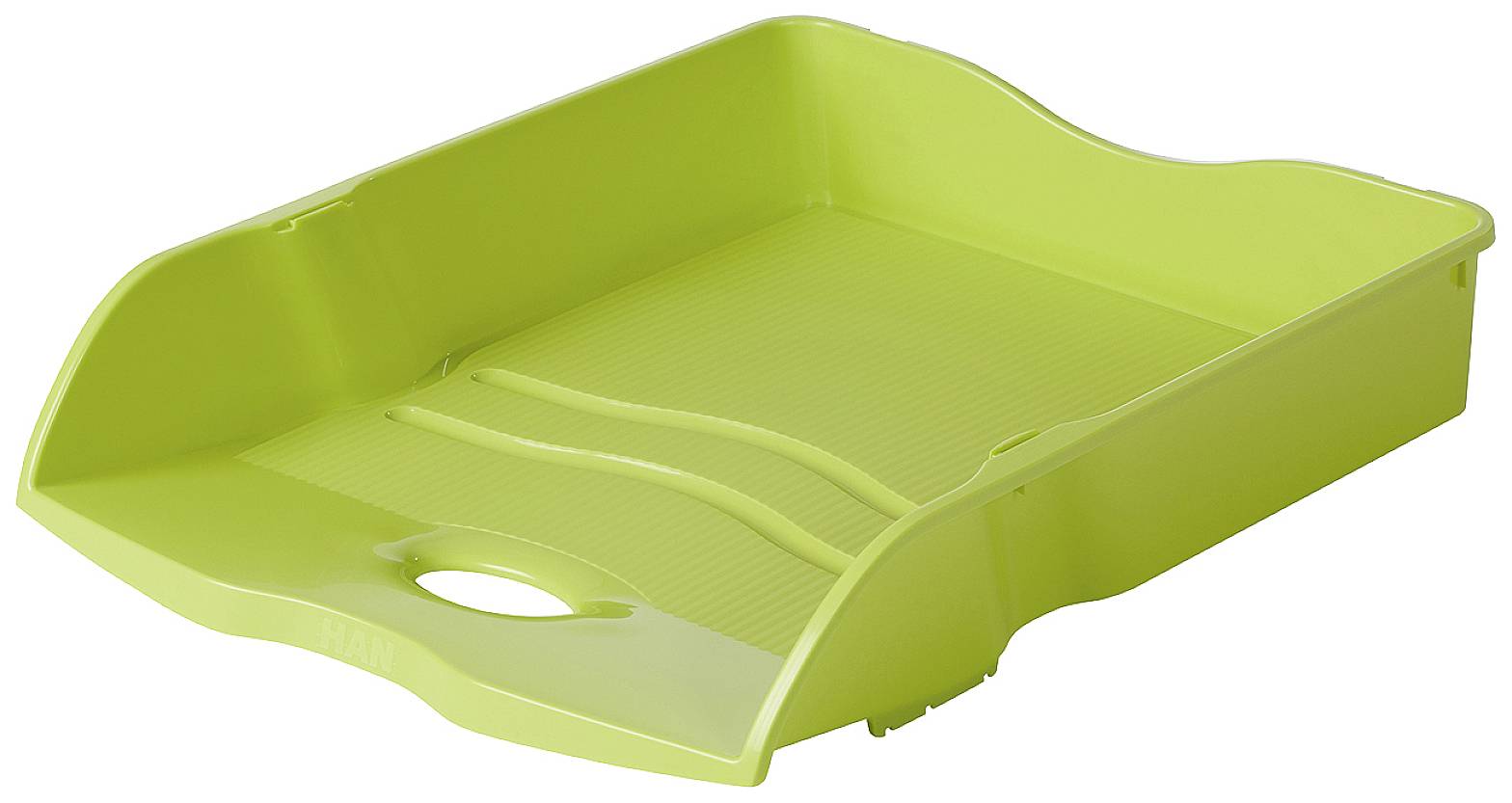 Green plastic tray with raised sides and an oval handle on the front. Suitable for storing documents.