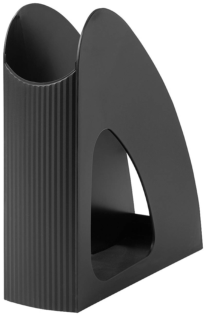 Black plastic magazine holder with an open design, perfect for organising documents or magazines.