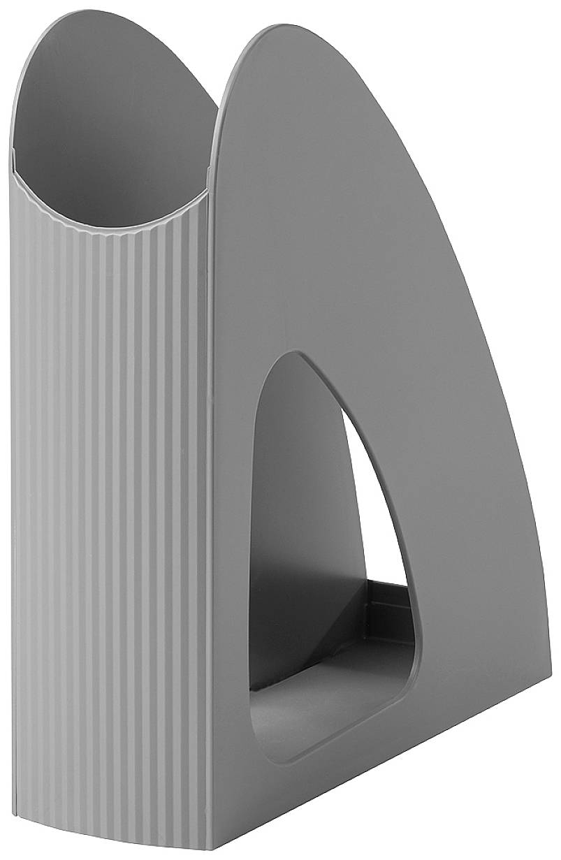 Grey plastic lever arch file with ribbed texture on the left side. Suitable for storing magazines and documents.