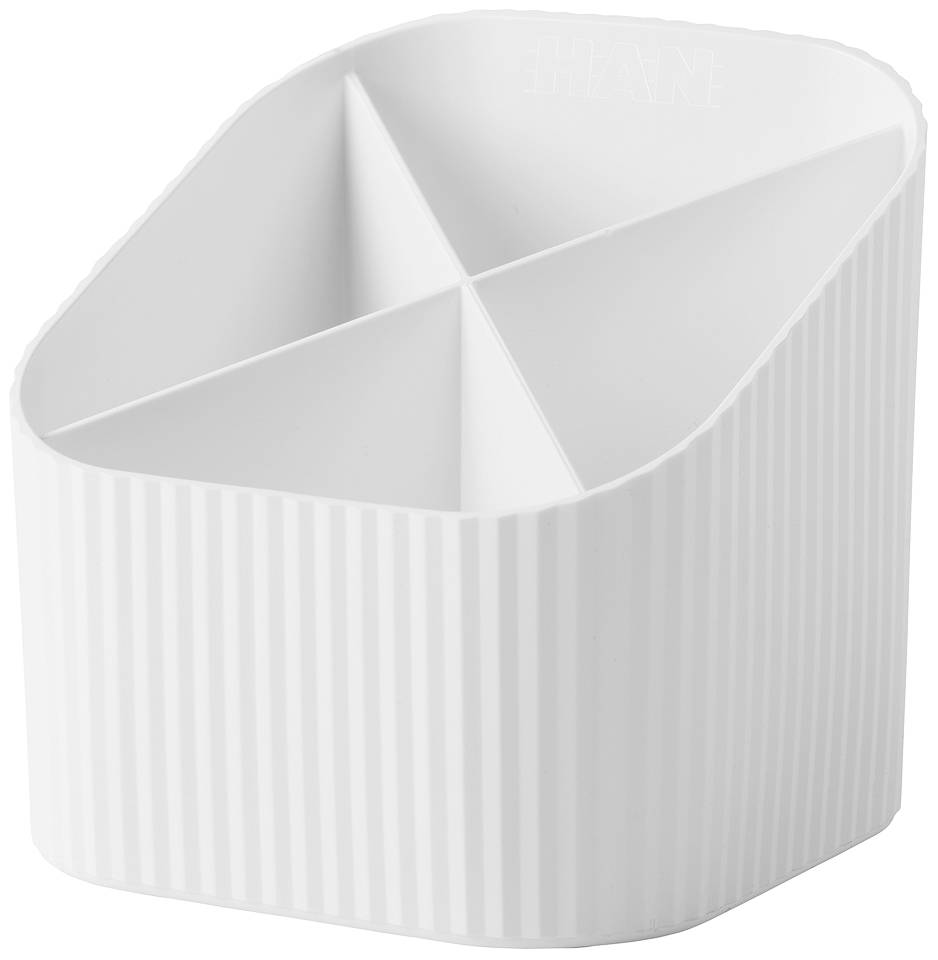 White, ribbed organiser with three compartments for storing items such as pens or brushes. Ideal for desks.