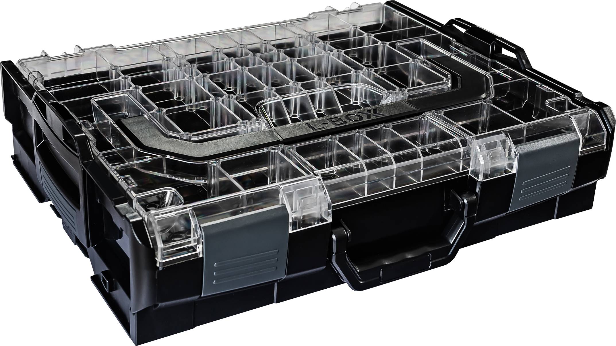 Black plastic tool case with transparent lid and multiple compartments for storing small parts, portable.