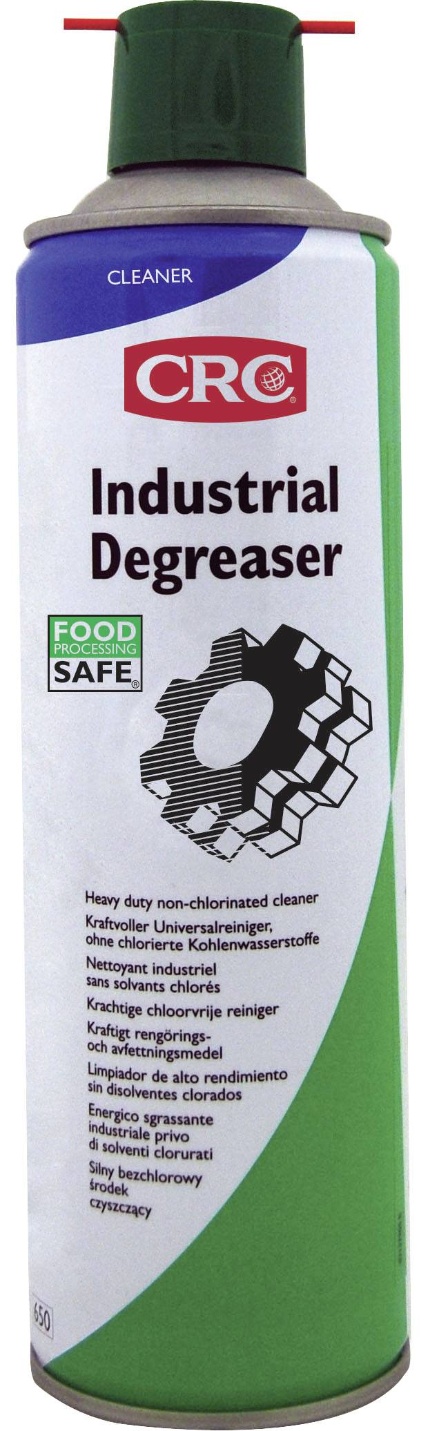 Spray bottle with green label. Text: 'Industrial Degreaser', 'Food Safe', designed for safe cleaning of machinery in the food industry.
