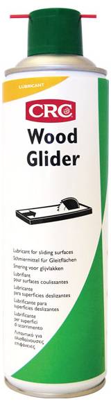 A spray can of CRC Wood Glider, lubricant for wooden surfaces. Labelled in multiple languages.