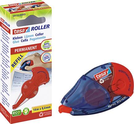 Tesa correction rollers, suitable for permanent adhesion. Packaging demonstrates application on a document. Refill system highlighted.