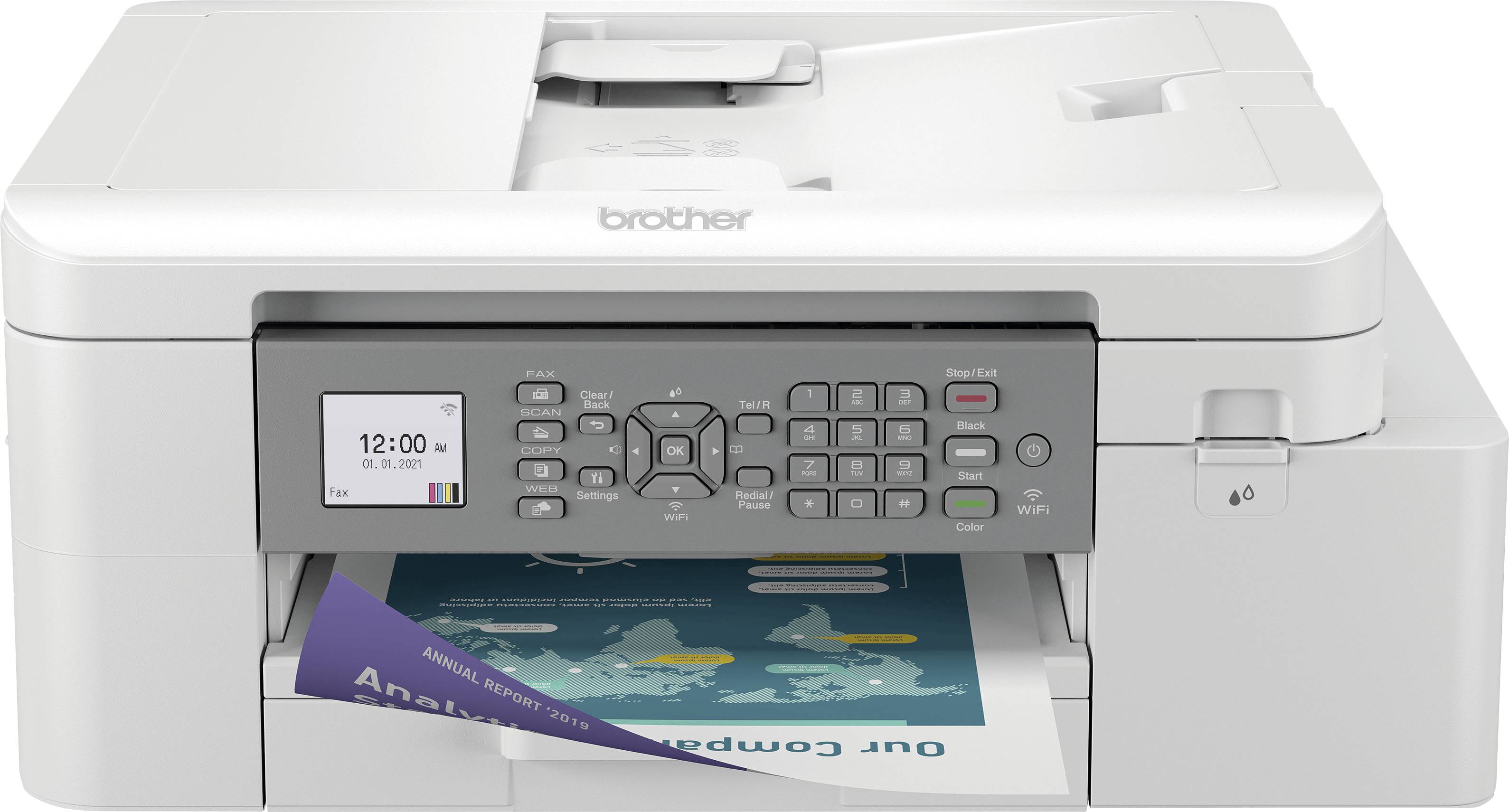 A white printer is printing a colourful document. The time '12:00' is displayed on the printer's screen.
