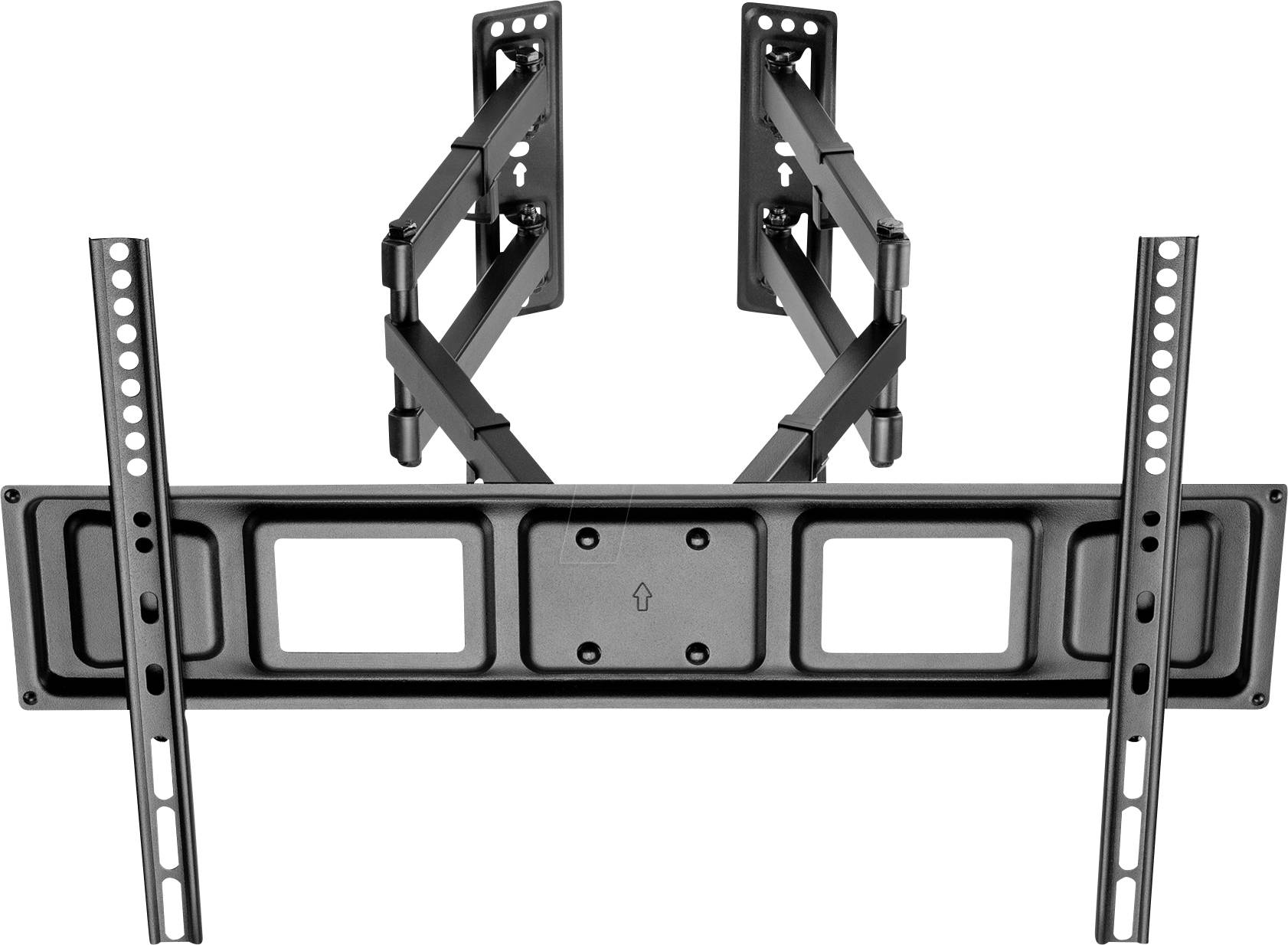 A TV wall mount with two articulated arms for flexible adjustment. Suitable for flat screens. Screw holes for mounting are visible.