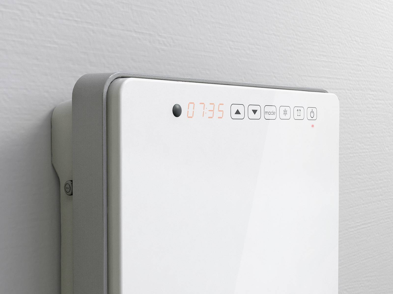 Wall-mounted thermostat with digital display showing '07:35', buttons for settings, toolbar for temperature control and mode switching.