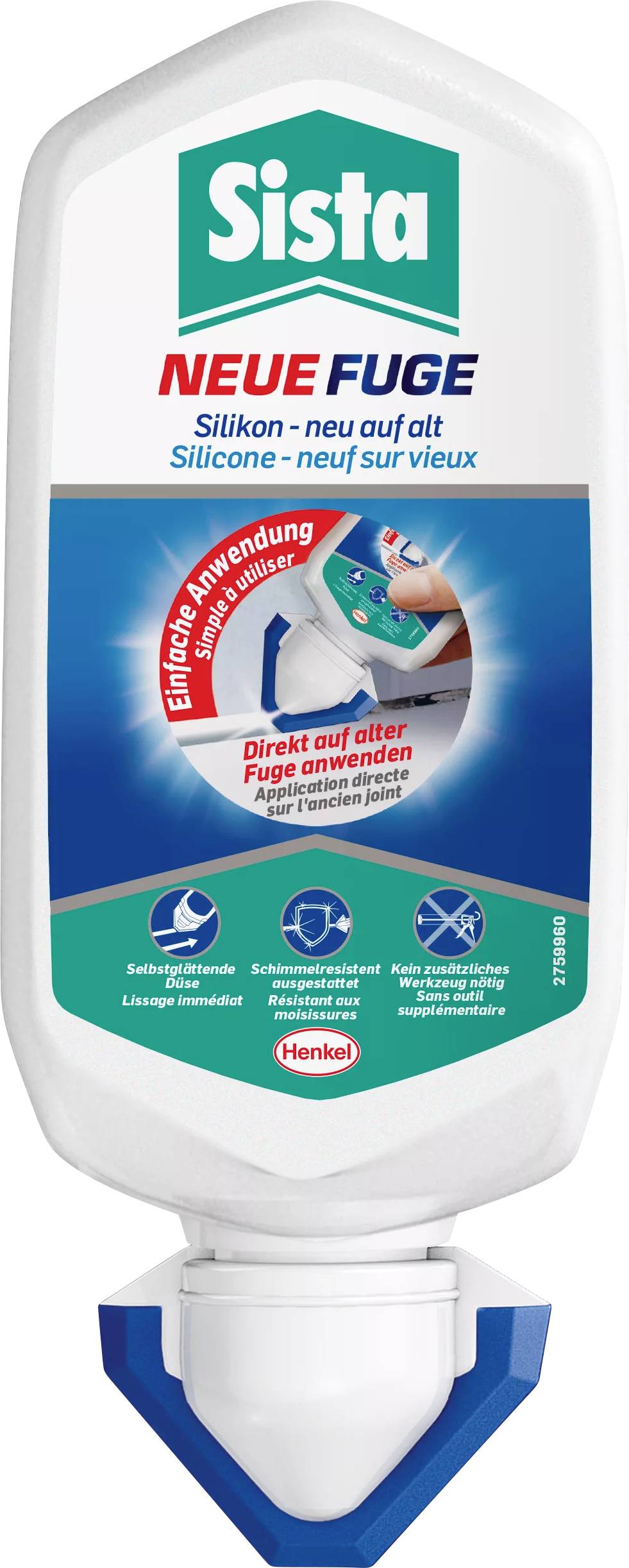 Product packaging for Sista New Joint Sealant: Silicone for easy application on old joints. Suitable for bathroom, shower and kitchen.