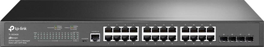 A network switch with 24 Ethernet ports and 4 SFP ports, suitable for managing data streams in a local area network.