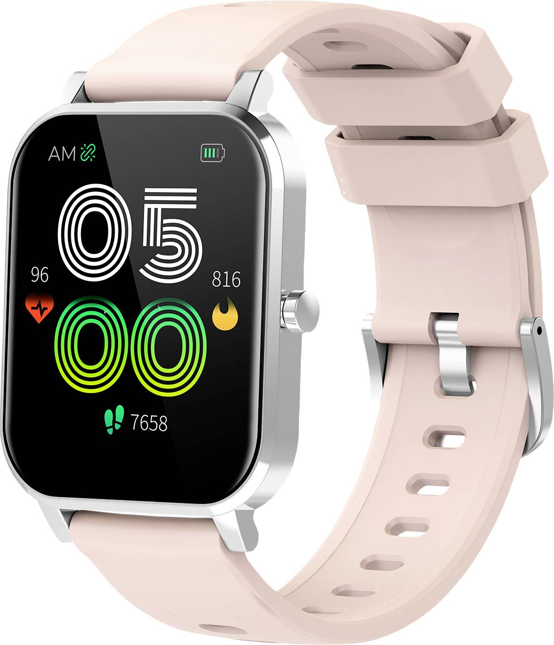 A smartwatch with a pink strap displays the time as 05:00 and fitness data such as steps, heart rate, and calories burned.