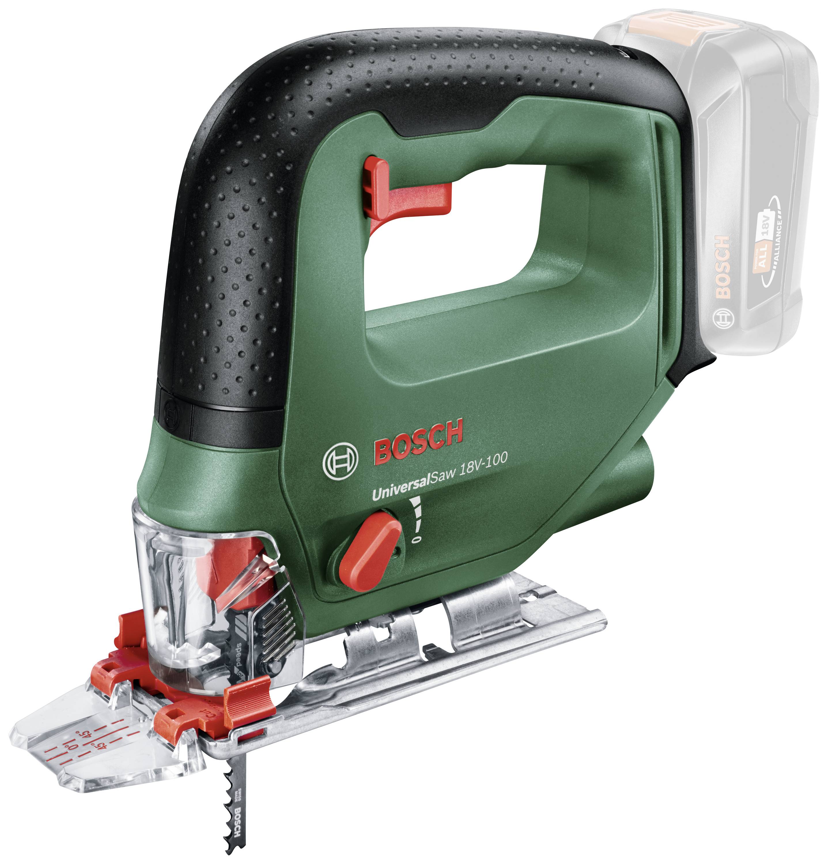 Green Bosch Jigsaw, Model UniversalSaw 18V-100, with black handle and red dial, positioned sideways.