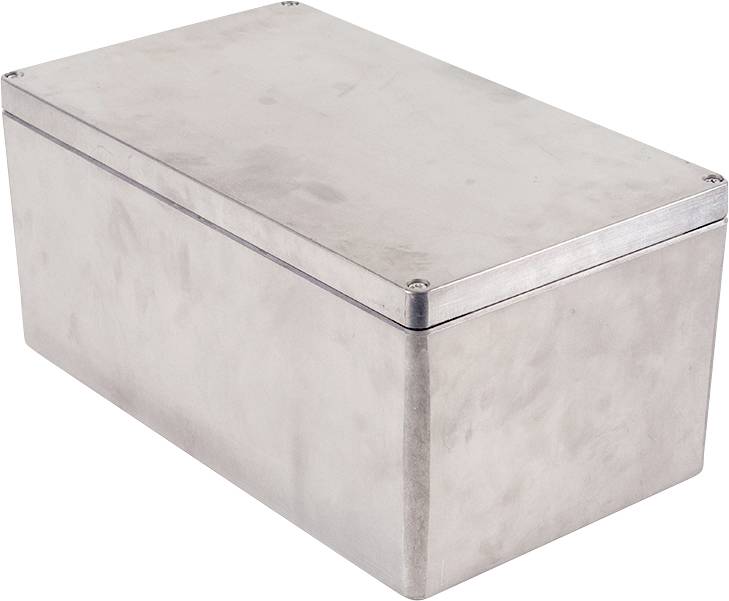A rectangular, grey metal box with a smooth surface and rounded corners.