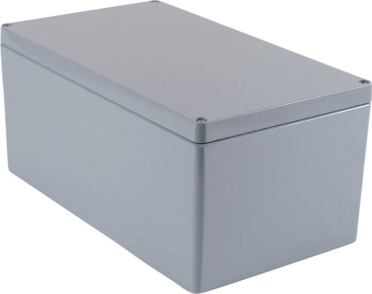Grey rectangular enclosure with a removable cover and screws at each corner, suitable for protecting electronic components.