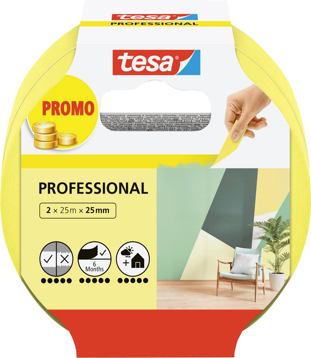 Tape packaging showing 'tesa' logo, marketed as professional. Features a hand peeling tape and a painted room. Label: '2 x 25m x 25mm'.