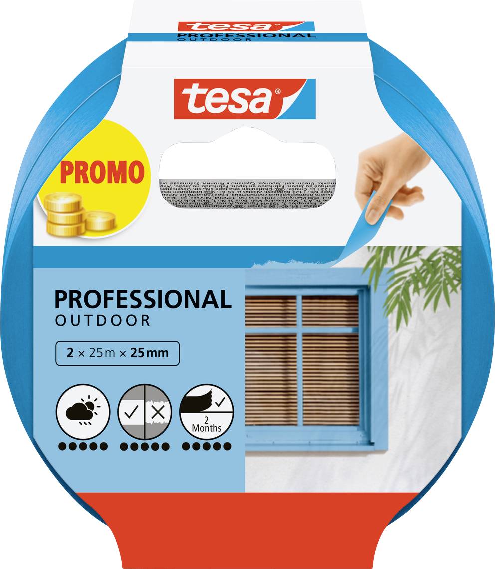 Packaging for Tesa Professional Outdoor tape, showcasing a window with a blue frame. Includes product details like size and usage duration.