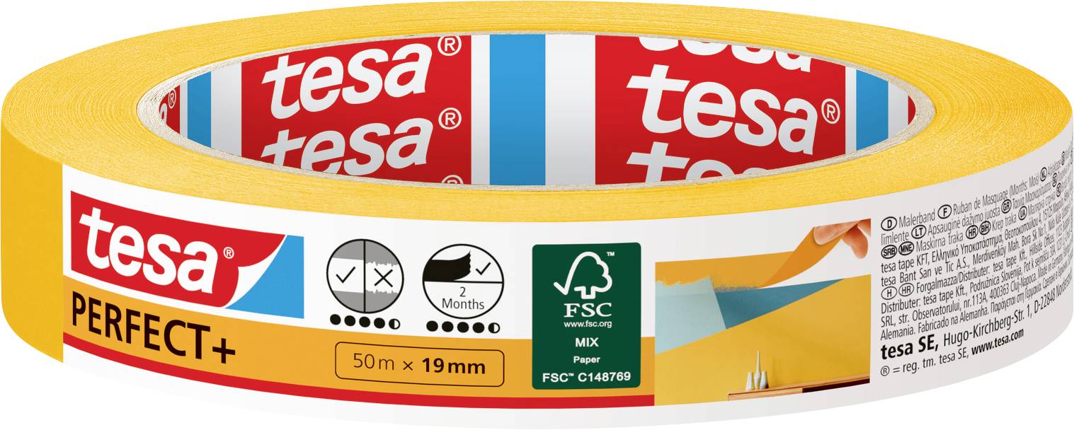 Tape roll labeled 'tesa PERFECT+' with icons for strength, durability, and FSC certification. Provides 50m length by 19mm width.