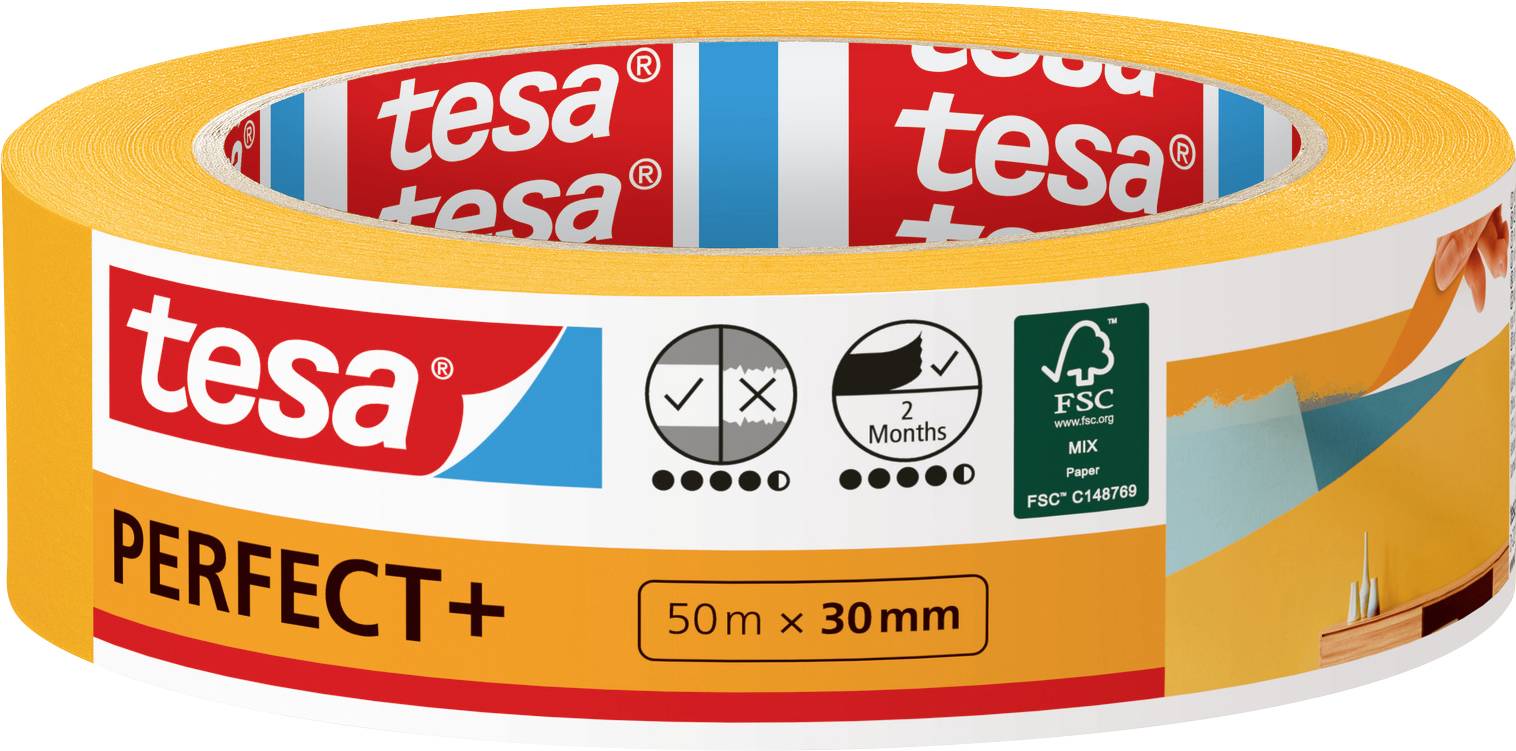 Roll of tesa Perfect+ masking tape, 50m x 30mm. Packaging shows eco-friendly FSC certification and indicates 2-month protection.