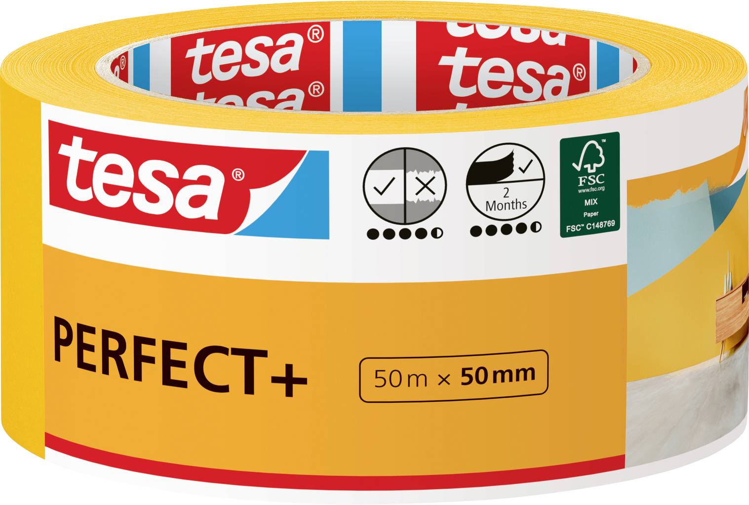 A roll of tesa Perfect+ masking tape, 50m x 50mm, for precise painting. Packaging highlights a two-month usage guarantee and eco-friendly certification.