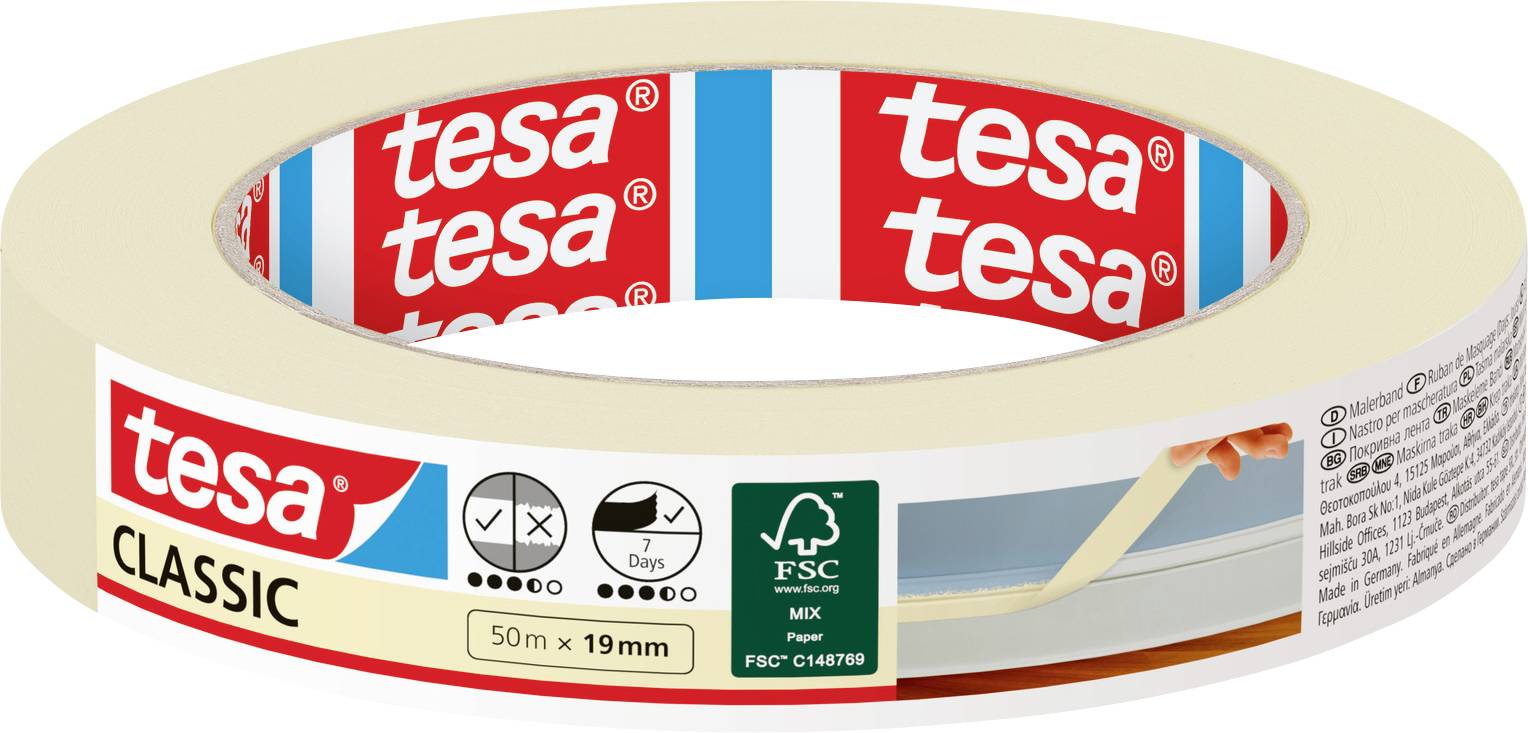 A beige roll of Tesa Classic adhesive tape with red and blue branding. The label shows dimensions: 50m x 19mm, and FSC certification.