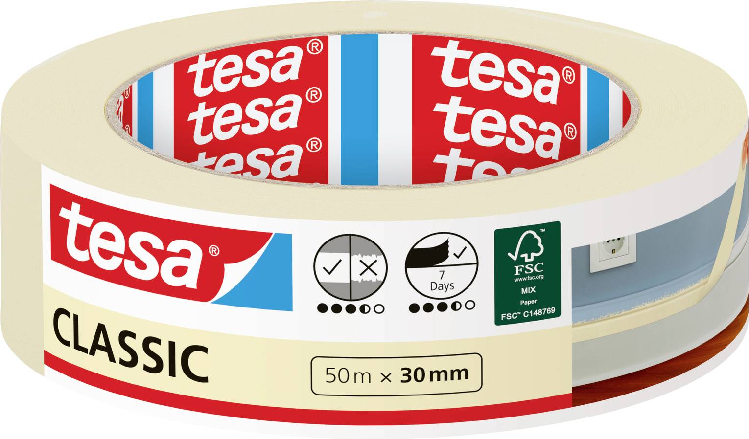 A roll of Tesa Classic tape, beige in color, 50m x 30mm. The packaging notes '7 Days' use and is FSC certified.