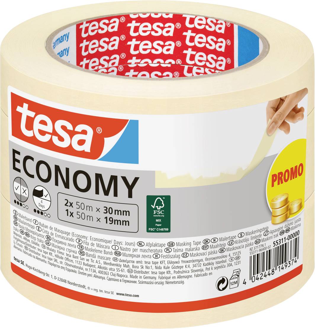 Roll of 'tesa' branded masking tape labeled 'ECONOMY', showing two rolls of 50m x 30mm and one roll of 50m x 19mm. Promo label on package.