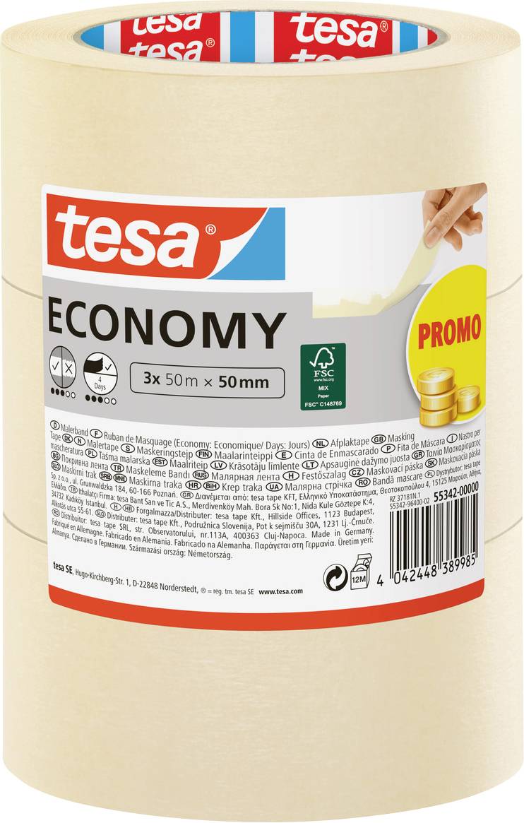 Tape roll labeled 'tesa ECONOMY', 3 rolls, each 50m x 50mm. Includes 'PROMO' tag. Eco-friendly logo displayed.