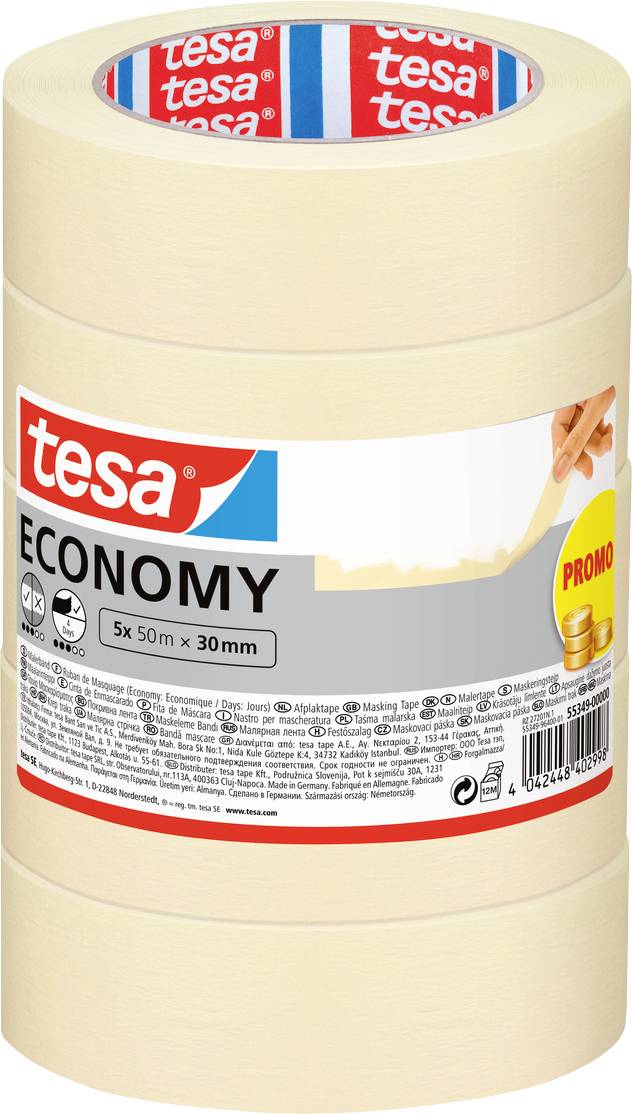 Roll of Tesa Economy adhesive tape, 30mm x 50m, with hand applying tape in the image. Product labeled as 'Promo'.
