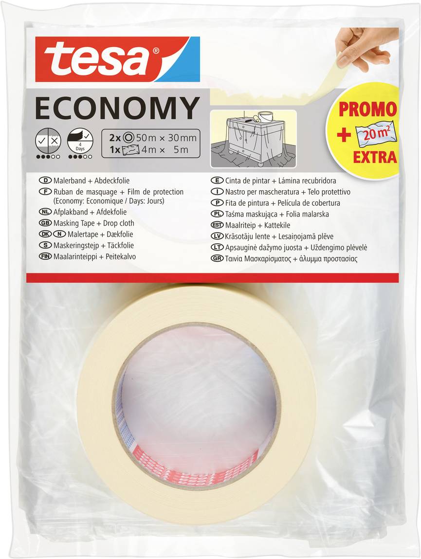 'Tesa Economy' masking tape pack, 2 rolls each 50m x 30mm. Includes a 20m² extra promotional film protector for painting.