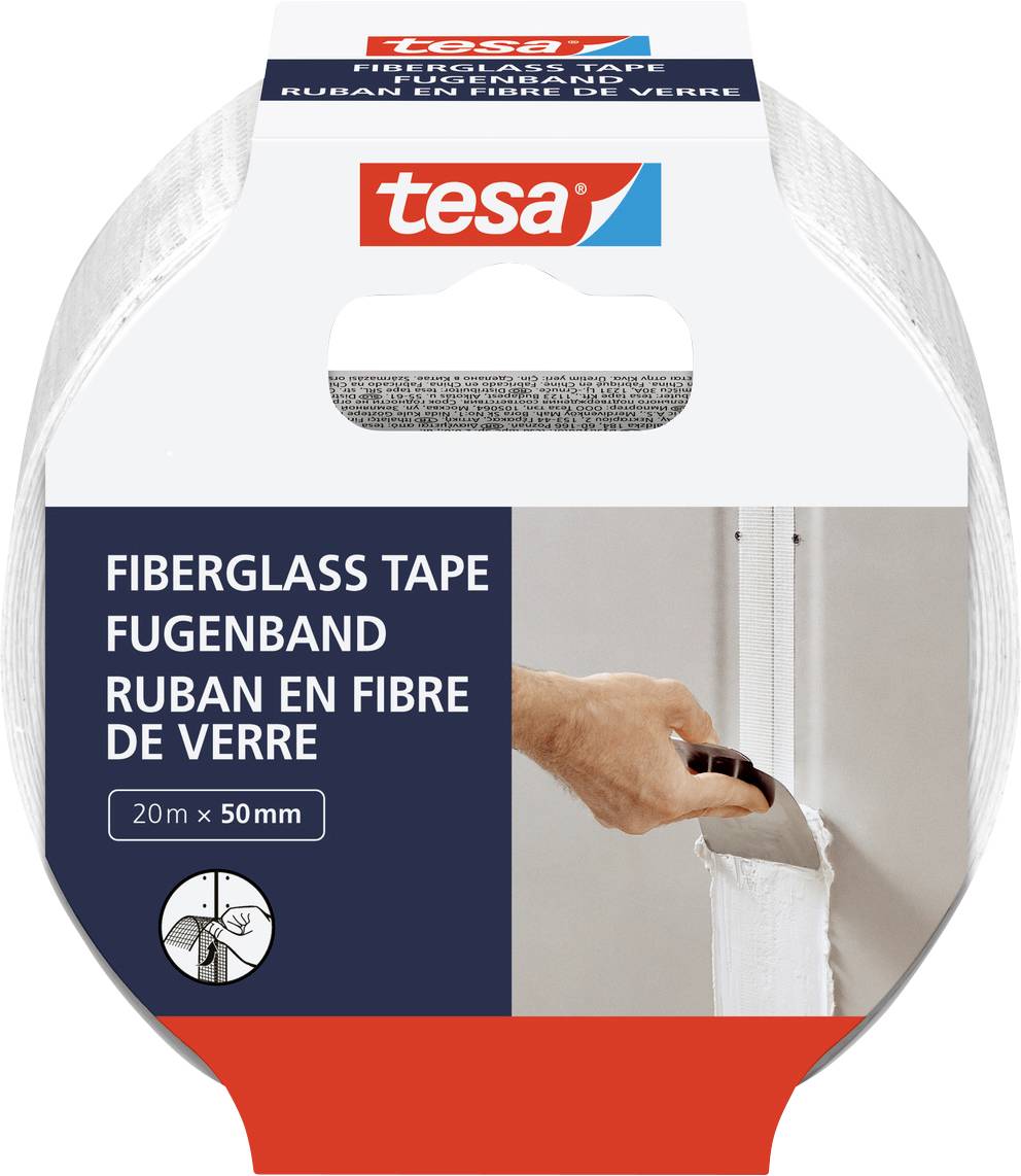 'Fiberglass Tape' package by 'tesa'; shows a hand applying tape on a wall seam. Labeled in English, German, and French. Size: 20m x 50mm.
