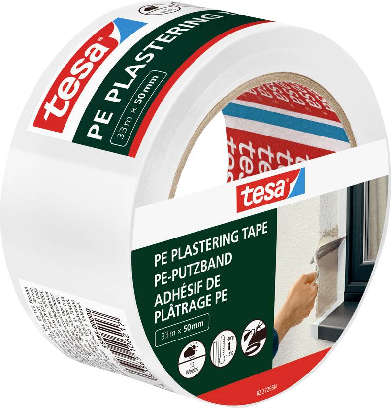 A roll of tesa PE plastering tape, shown with a person applying it around a window frame. Text on the tape: 'PE Plastering Tape 33m x 50mm.'