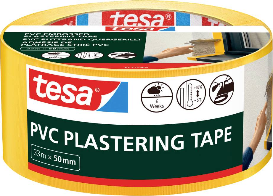 Roll of Tesa PVC Plastering Tape, 33m x 50mm, shown with uses like painting and plastering.
