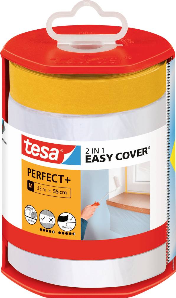 A roll of Tesa ‘2 in 1 Easy Cover’ masking product with a red holder, shown with a hand applying it to protect surfaces during painting.