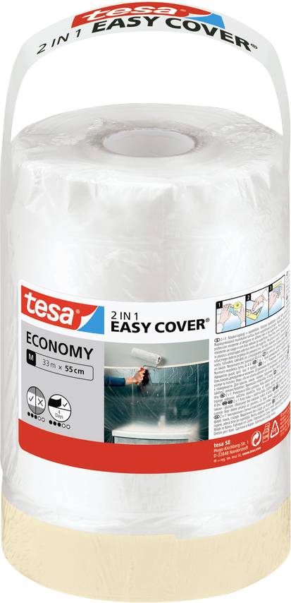 A roll of tesa 2 in 1 Easy Cover Economy, 33m x 55cm, with an image of a person painting a wall.